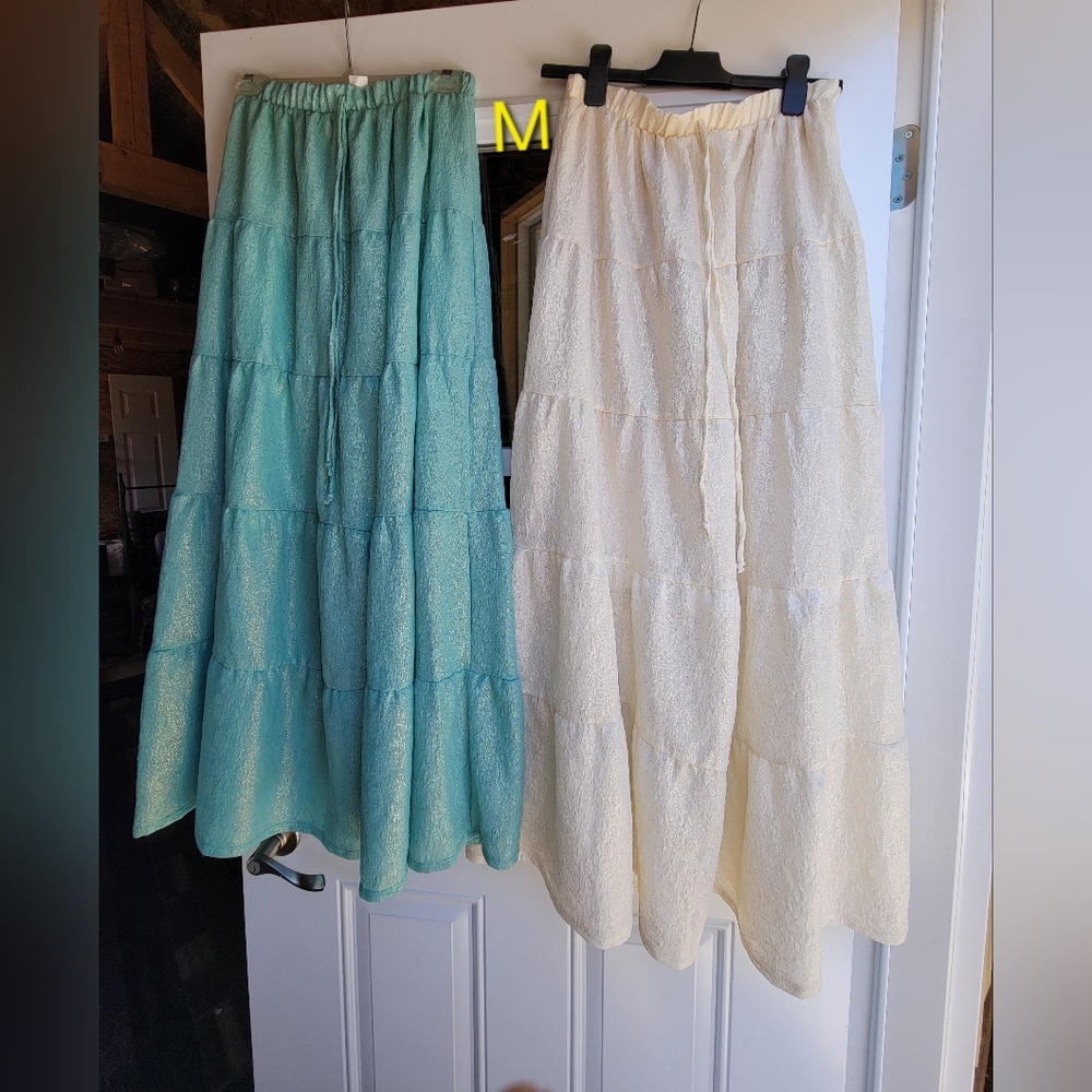Lot of 2 Elegant Long Cream and Green Tiered Skirt Size Med